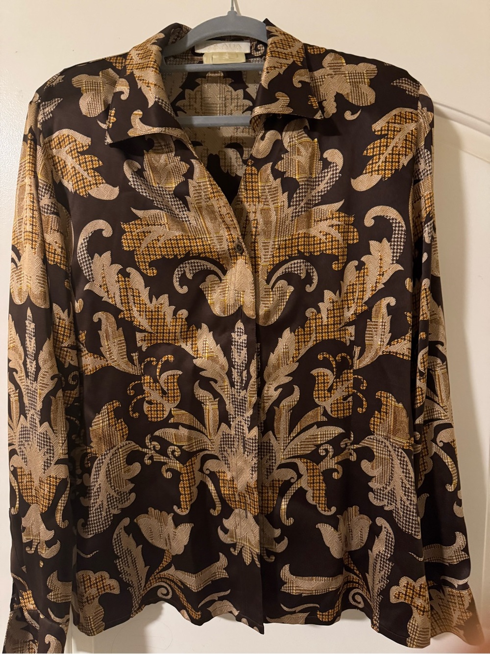 Womens Printed Silk Blouse Brown & Gold
